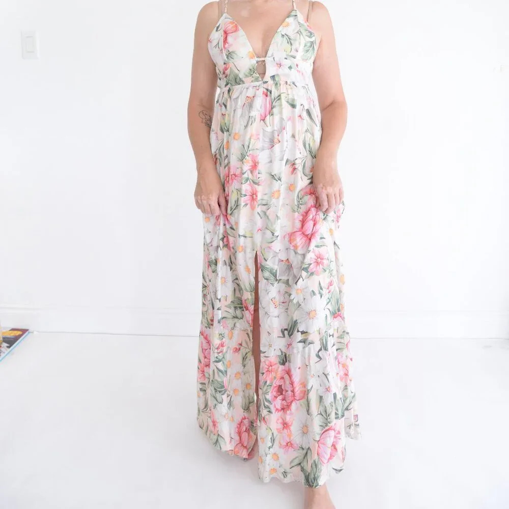 Maaji Pink And White Floral Spaghetti Strap Flowy Maxi Dress M